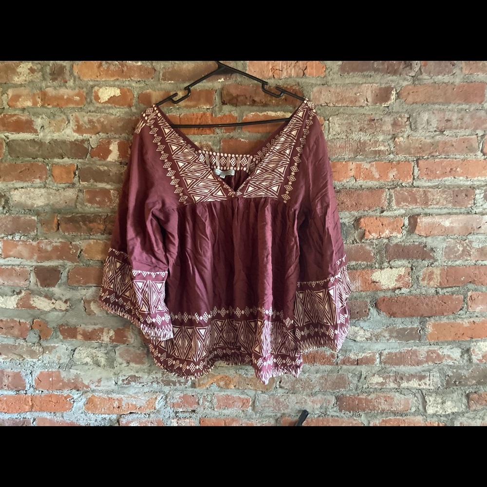 World Market Tribal Pattern Maroon Peasant Blouse